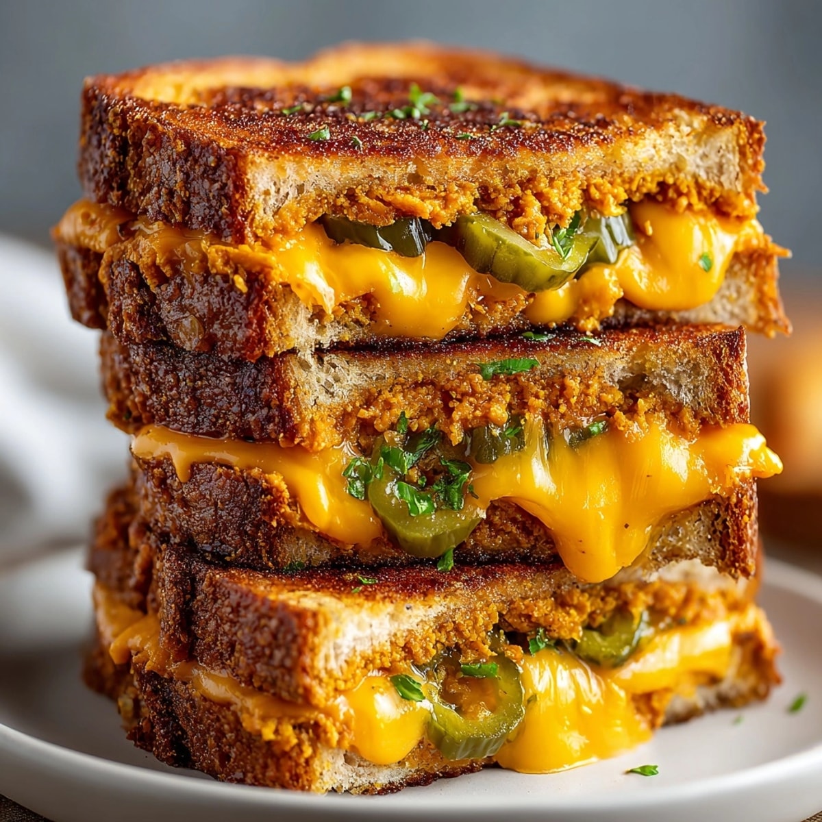 Spicy Pumpkin Pickle Grilled Cheese sandwich served golden and melty on rustic sourdough bread.
