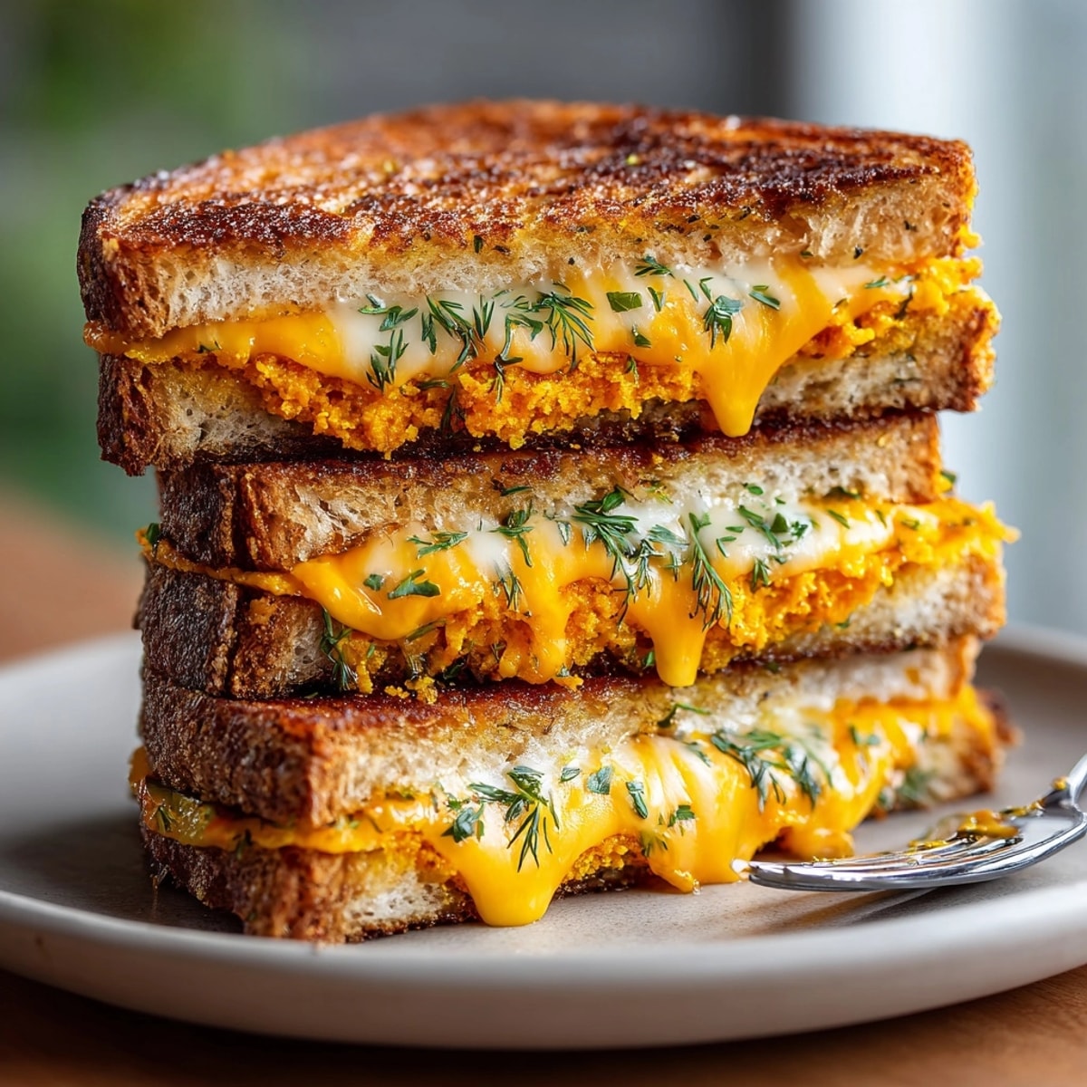 Closeup of Spicy Pumpkin Pickle Grilled Cheese with creamy pumpkin and tangy pickles melting inside.