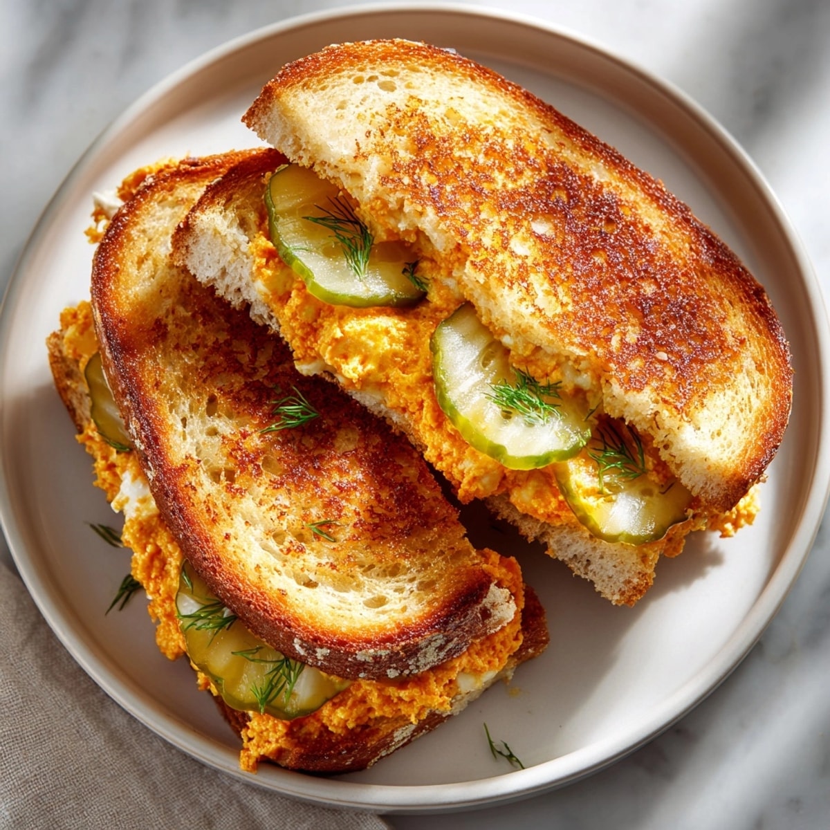 Sliced Spicy Pumpkin Pickle Grilled Cheese hot from the skillet, perfect for a cozy autumn lunch.