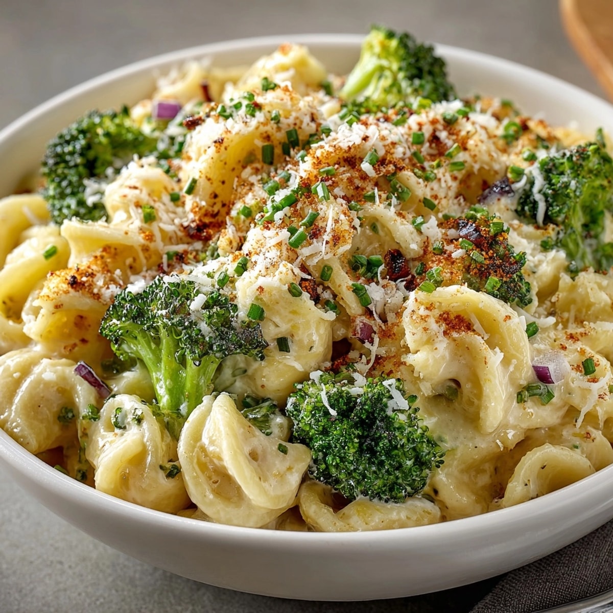 Witch Night Broccoli Cheddar Pasta served hot with creamy sauce and fresh chive garnish.