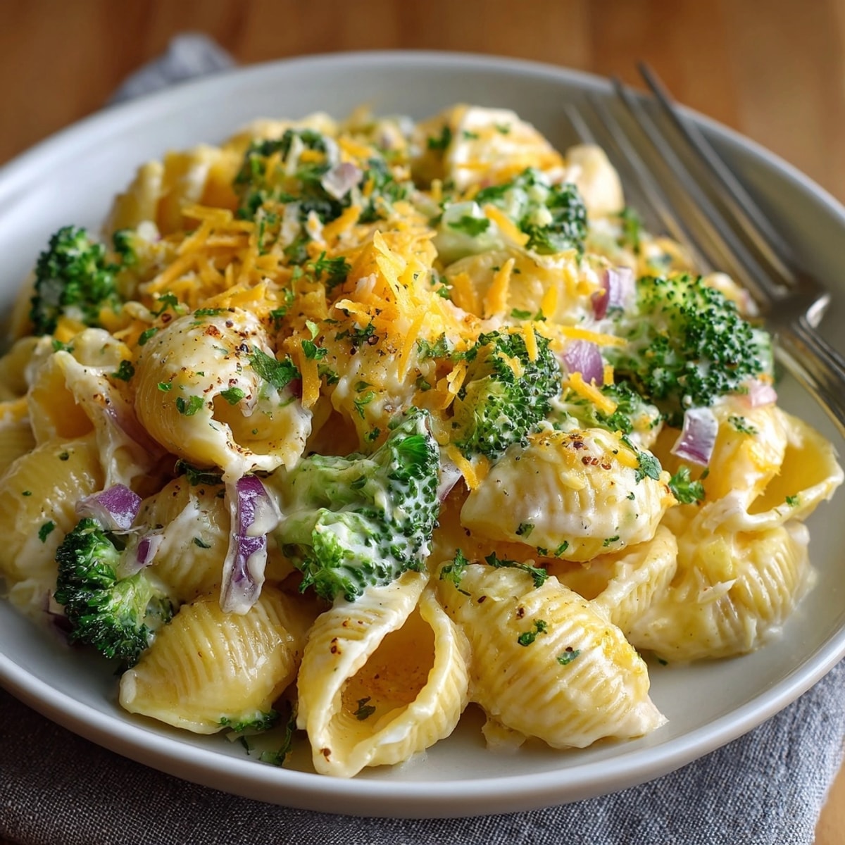 Close-up of Witch Night Broccoli Cheddar Pasta, showcasing melty cheddar, tender broccoli, and short pasta shapes.