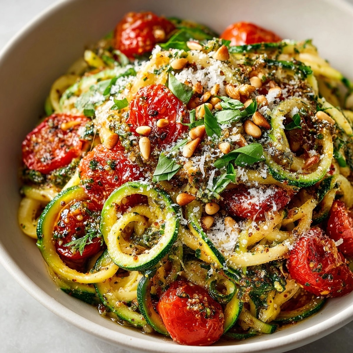Freshly spiralized Cherry Tomato Pesto Zucchini Pasta garnished with basil and toasted pine nuts