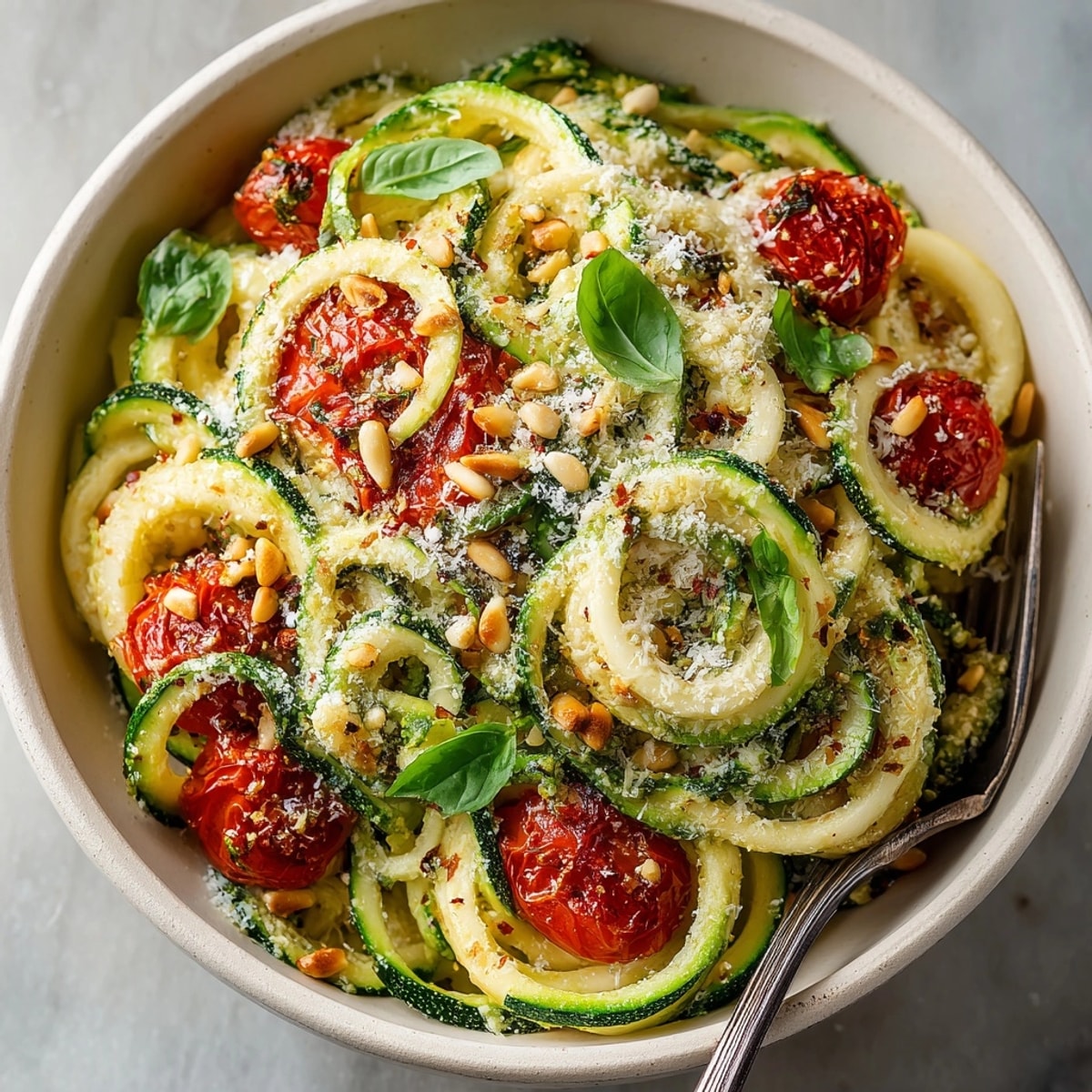 Close-up of vibrant Cherry Tomato Pesto Zucchini Pasta served in a bowl, topped with Parmesan