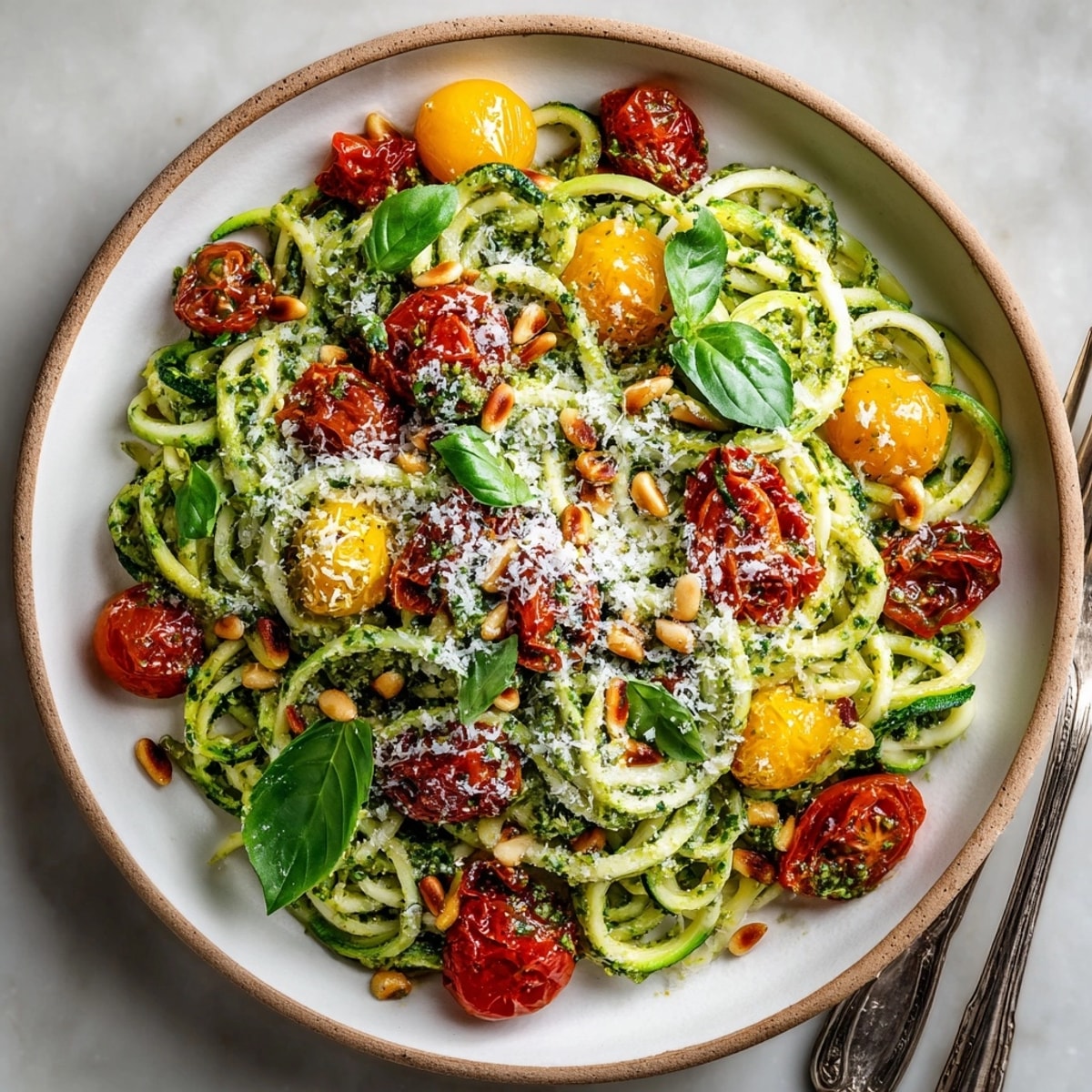 Light and gluten-free Cherry Tomato Pesto Zucchini Pasta dish, perfect for a summer dinner