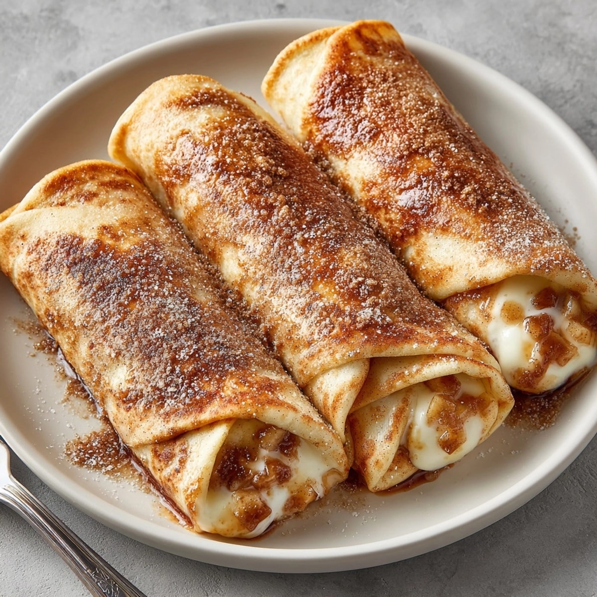Freshly baked Fall Cinnamon Sugar Dessert Wraps on a tray, glistening with buttery cinnamon sugar.