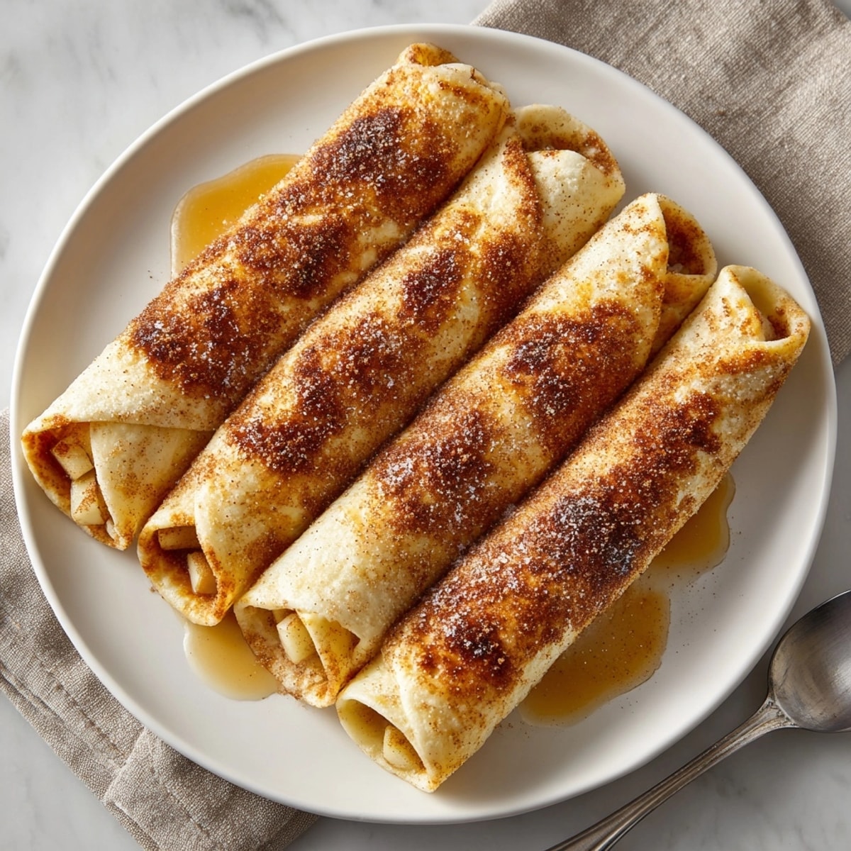 Close-up of Fall Cinnamon Sugar Dessert Wraps sliced open, showing melty cinnamon filling and crisp edges.