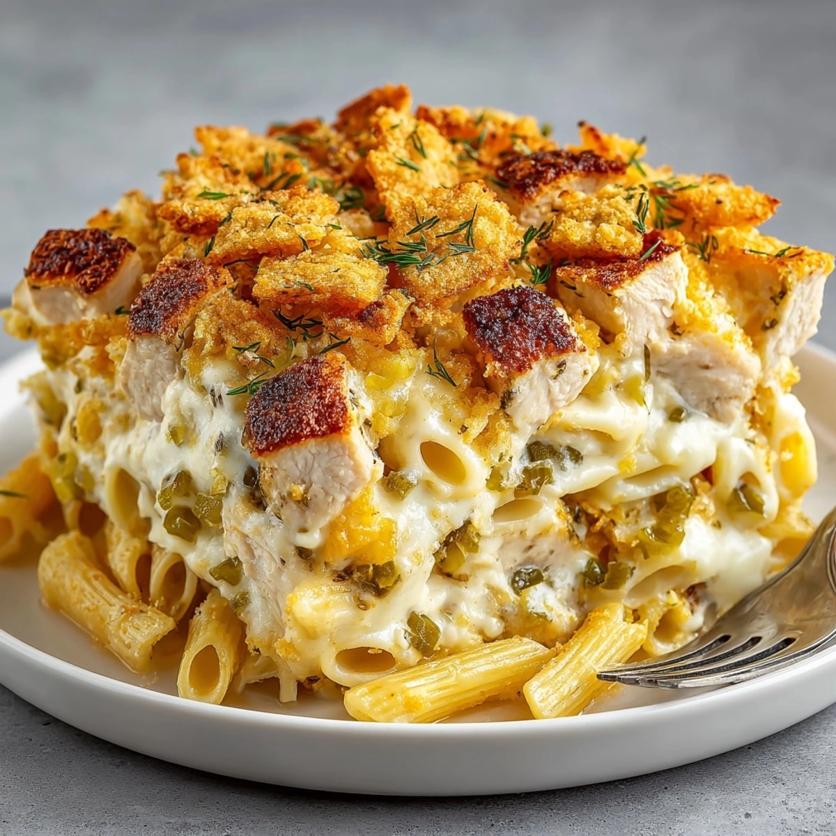 Pickle Chip Crusted Chicken Pasta Bake fresh from the oven, golden with crunchy topping.