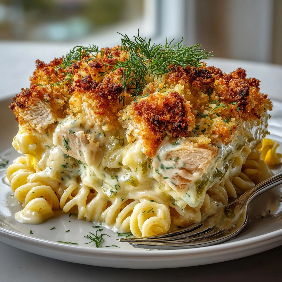Bubbling Pickle Chip Crusted Chicken Pasta Bake in casserole dish, topped with zesty dill chips.