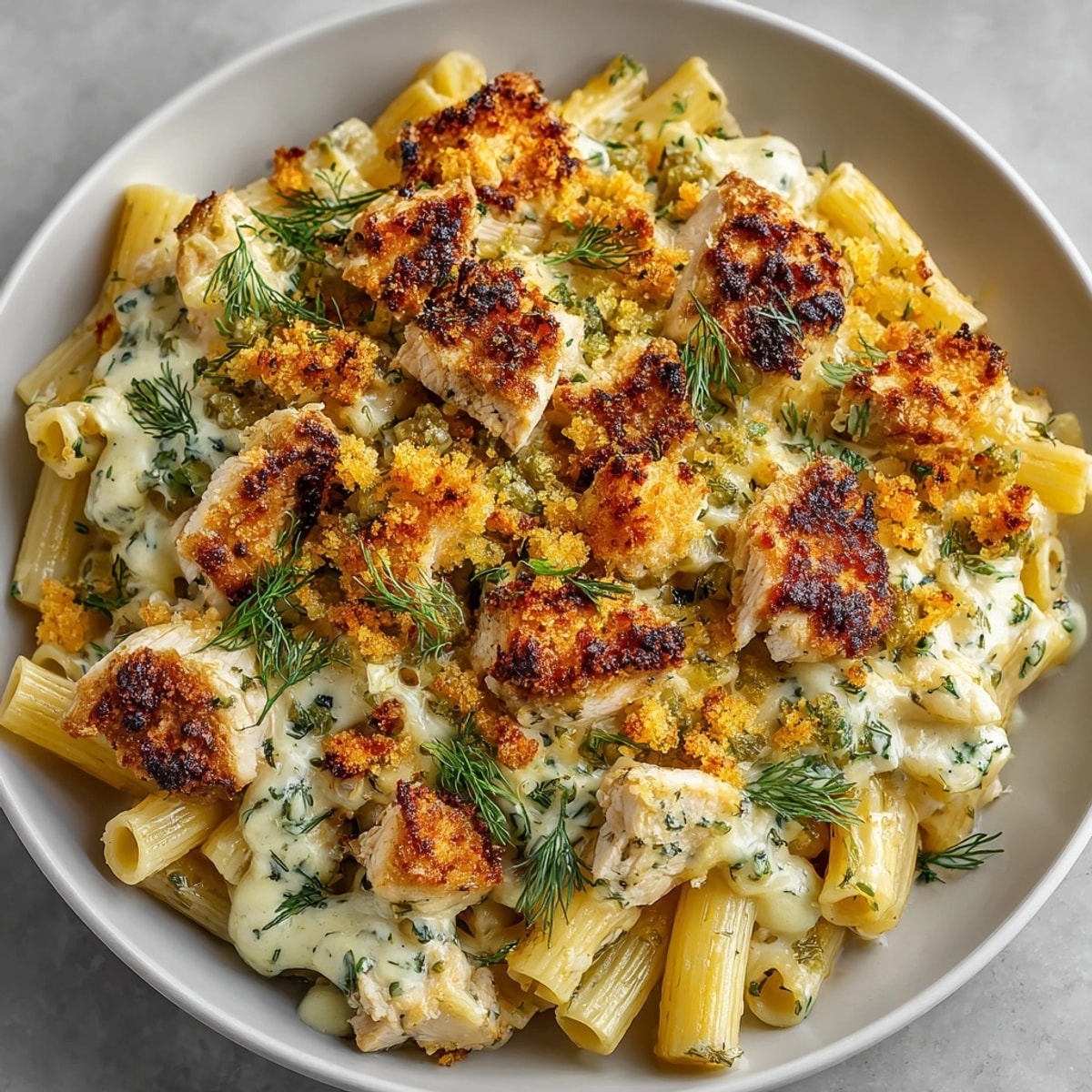 Serving of creamy Pickle Chip Crusted Chicken Pasta Bake with crisp pickle chip crust and herbs.