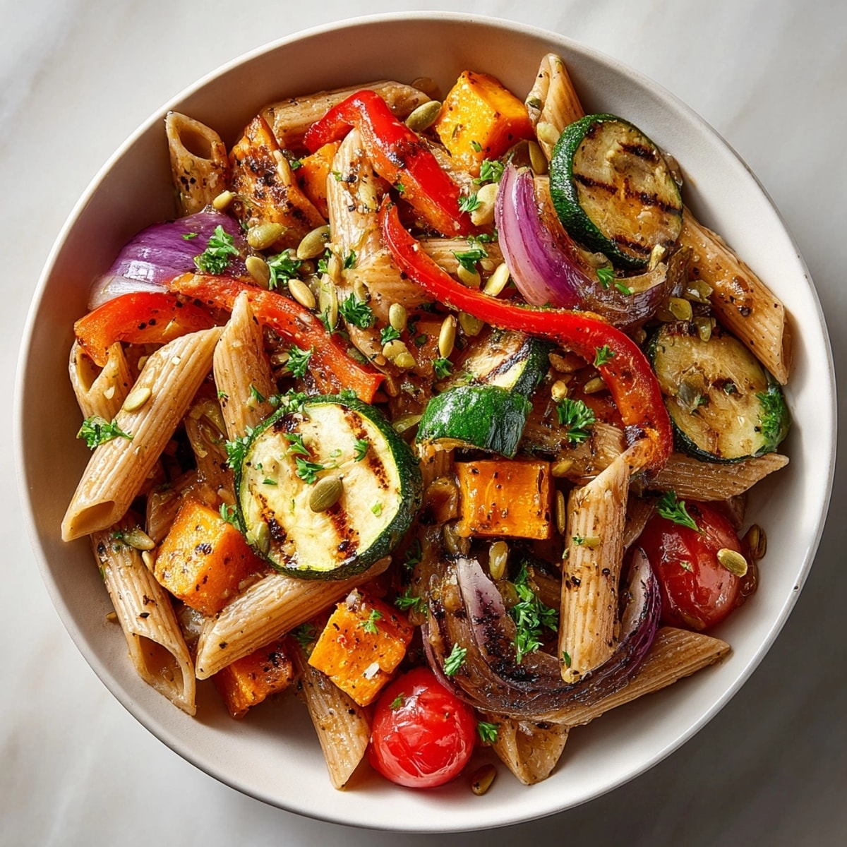 Maple Roast Veggie Pasta Salad tossed with tangy vinaigrette on a white serving platter.