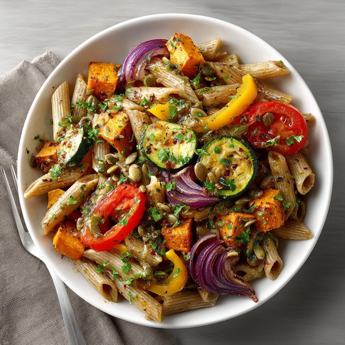 Hearty Maple Roast Veggie Pasta Salad featuring caramelized vegetables, garnished with parsley and pumpkin seeds.
