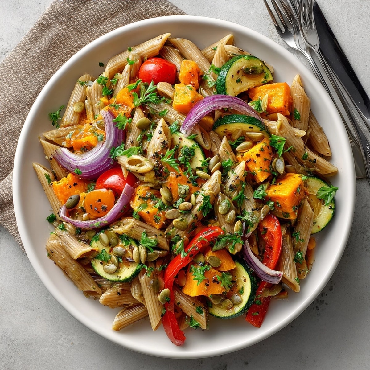 Colorful Maple Roast Veggie Pasta Salad arranged for a summer picnic, radiating vibrant, roasted flavors.