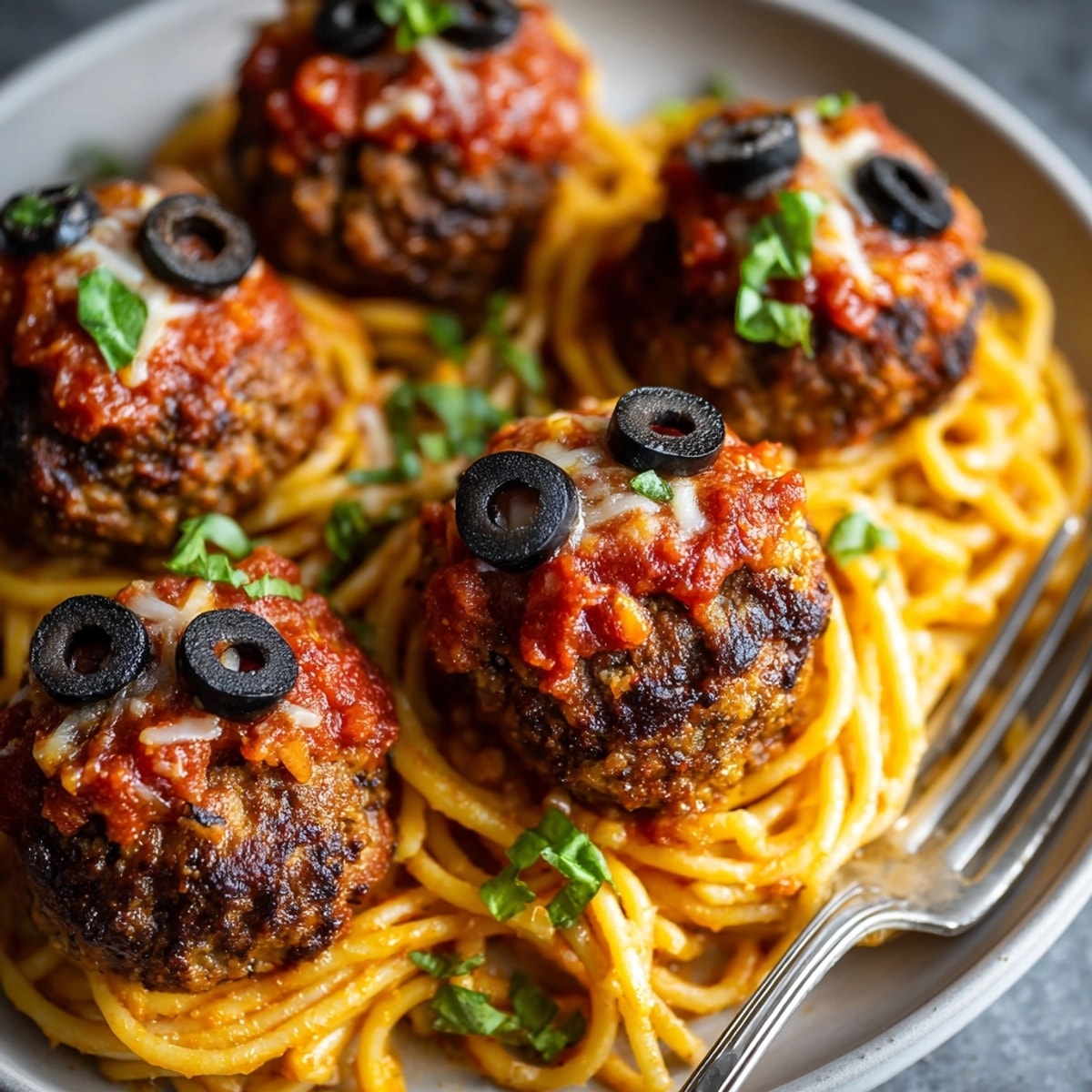 Monster Mash Meatball Pasta with Noodle Nests arranged on a plate, saucy and golden, ready to serve.