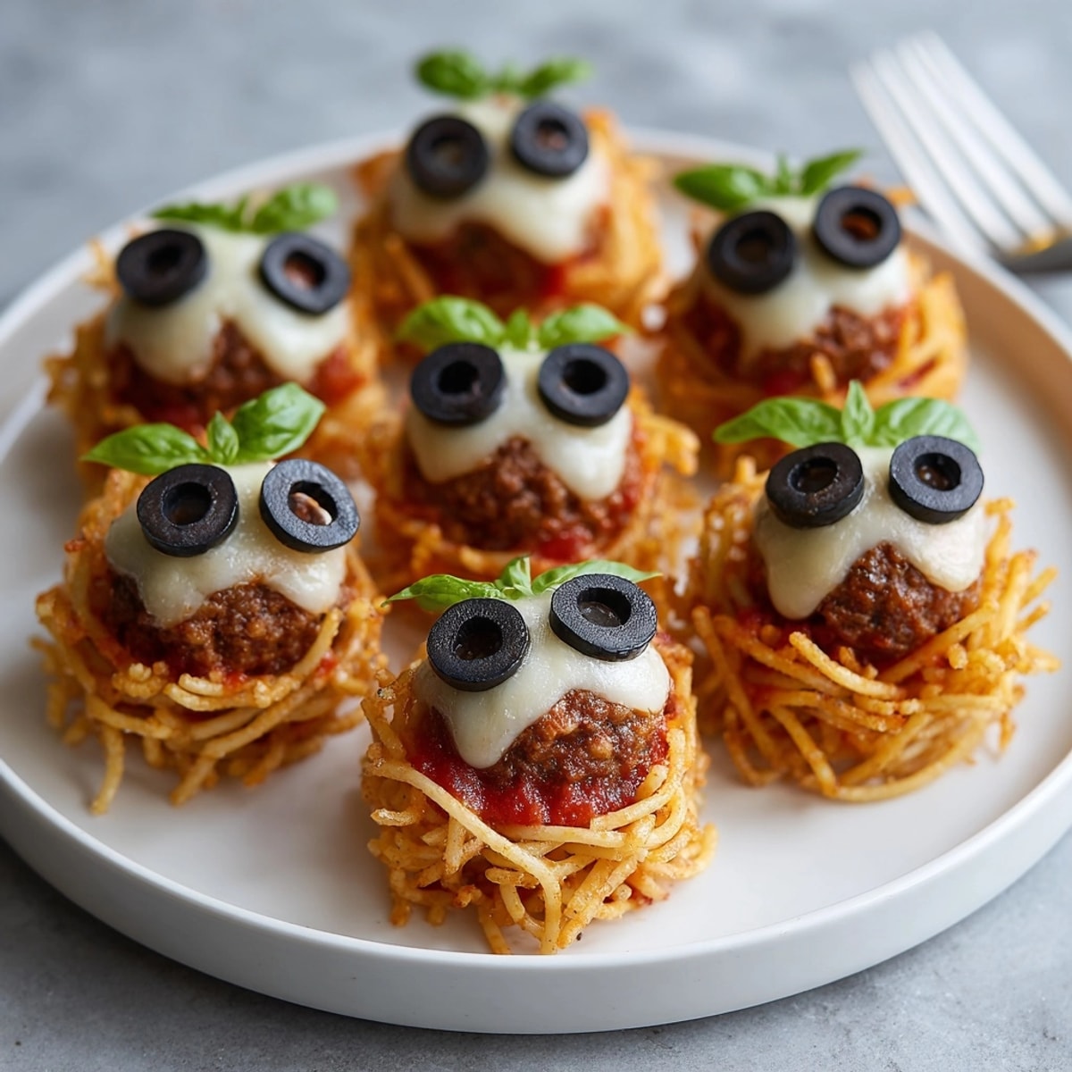 Close-up of Monster Mash Meatball Pasta with Noodle Nests, decorated with mozzarella eyes for a fun family meal.