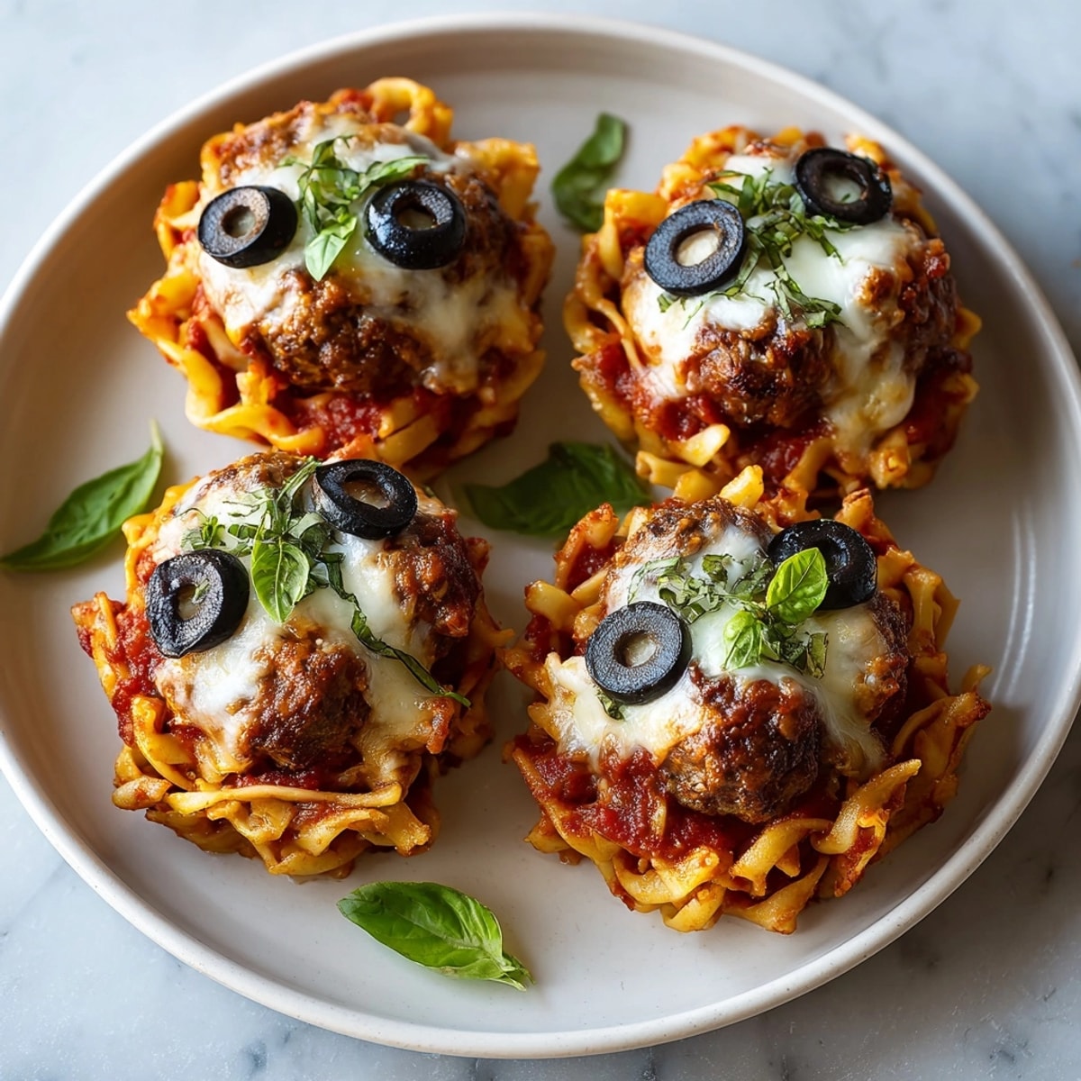 Crispy noodle nests topped with juicy meatballs and marinara sauce in this Monster Mash Meatball Pasta.