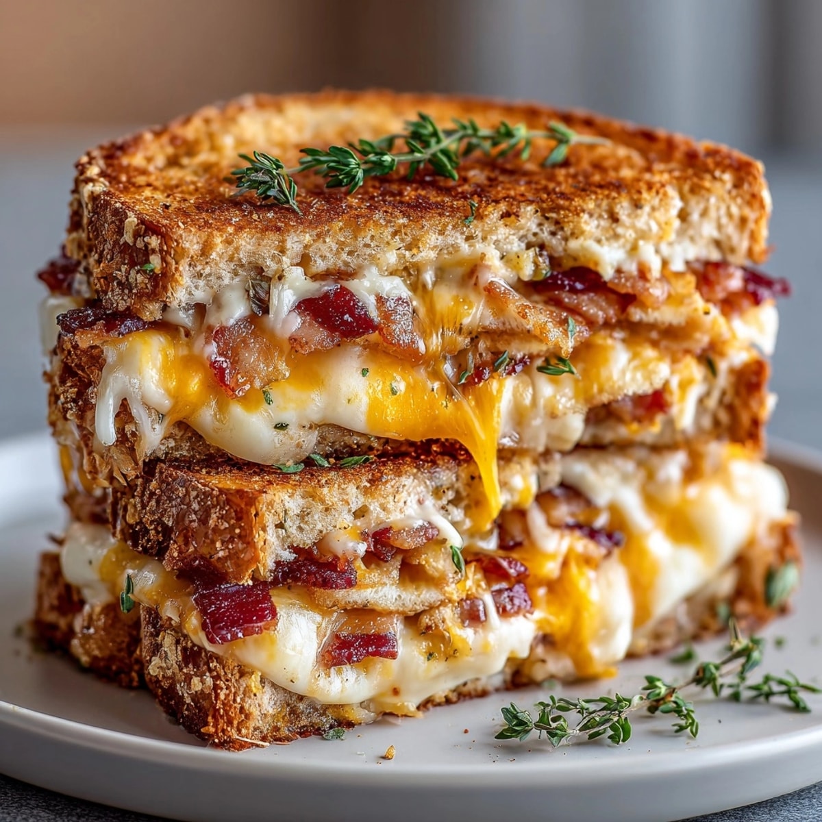Fall Maple Bacon Grilled Cheese sandwich sliced in half, cheese melting between crisp buttery bread.