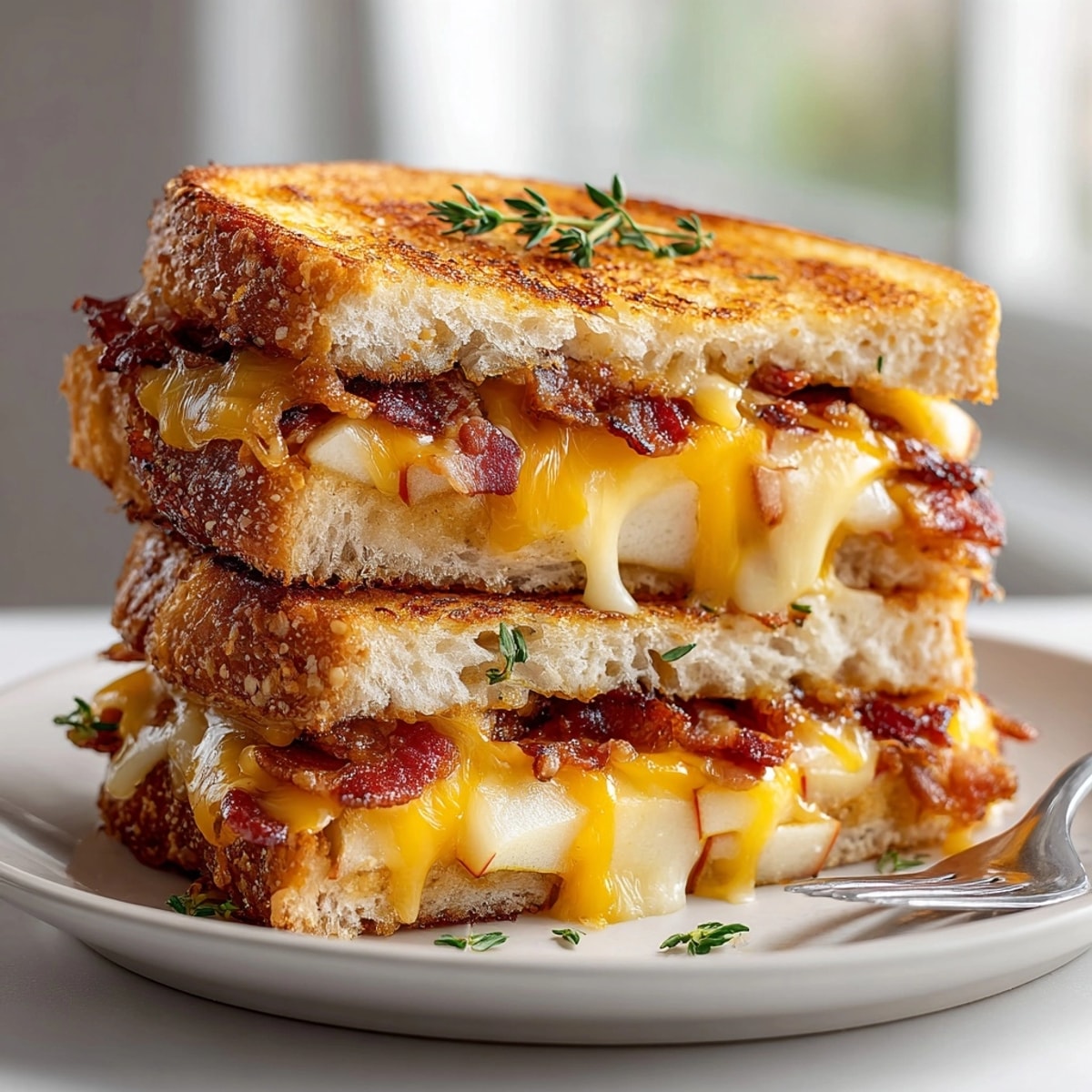Golden Fall Maple Bacon Grilled Cheese sandwiches stacked, oozing cheddar and brie with maple-glazed bacon.