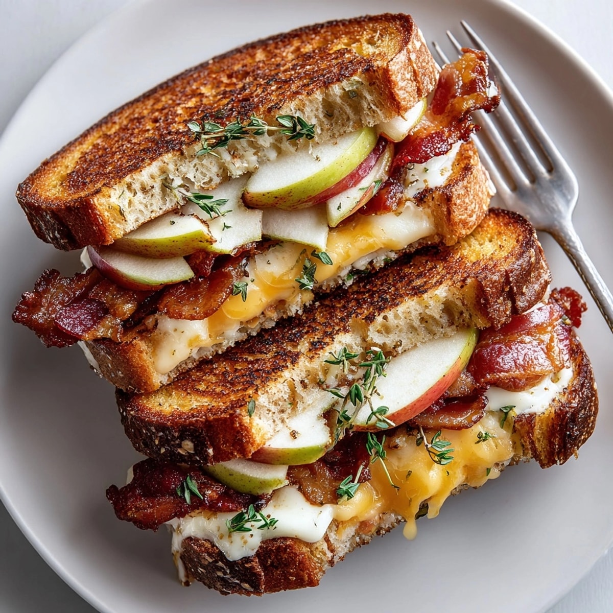 Close-up of Fall Maple Bacon Grilled Cheese, warm and gooey, served hot with apple slices.