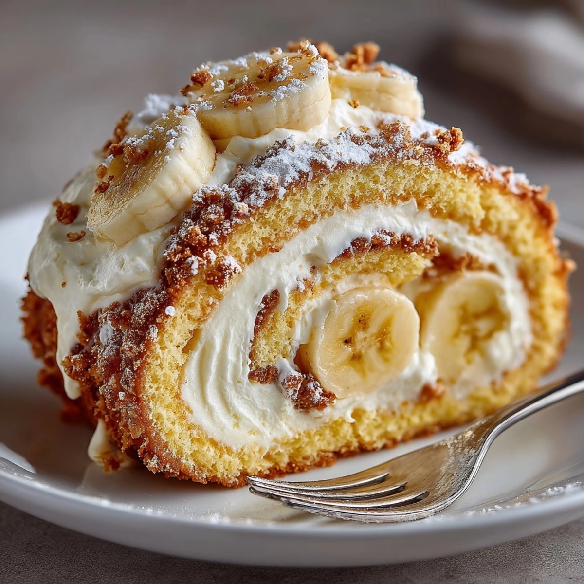 Close-up of the creamy Banana Cream Cheesecake Roll, dusted with powdered sugar.