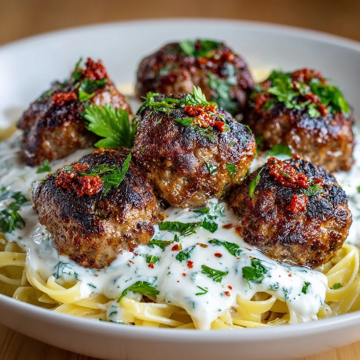 Moroccan-Spiced Meatball Pasta: A creamy, spicy, and savory dish with fresh herb garnish.