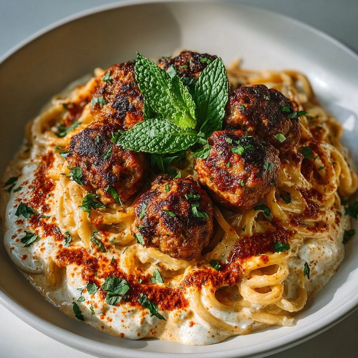 Close-up showcasing delicious Moroccan-Spiced Meatball Pasta, bursting with vibrant harissa and herbs.