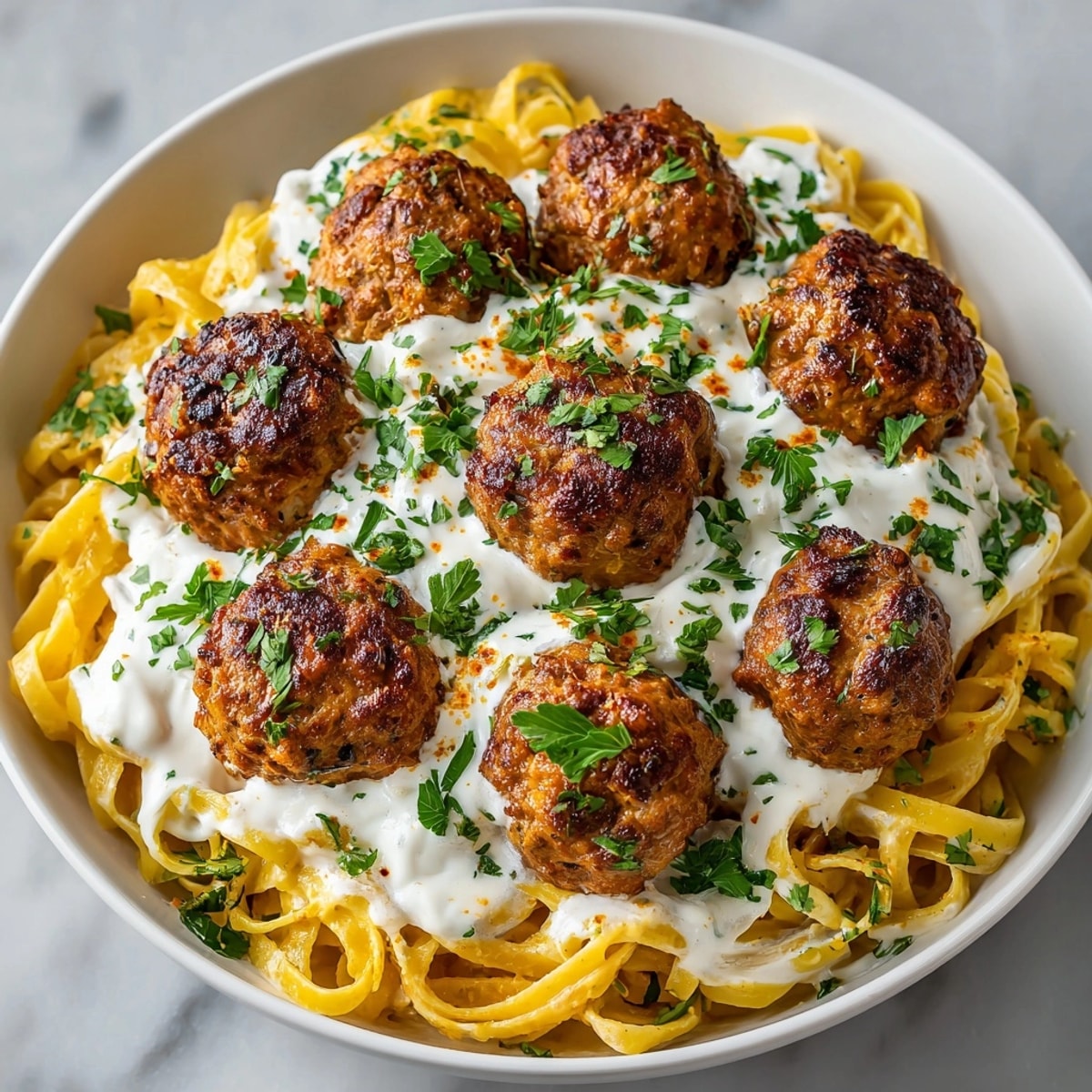 Homemade Moroccan-Spiced Meatball Pasta, ready to eat, with warmly spiced aroma and savory cream.