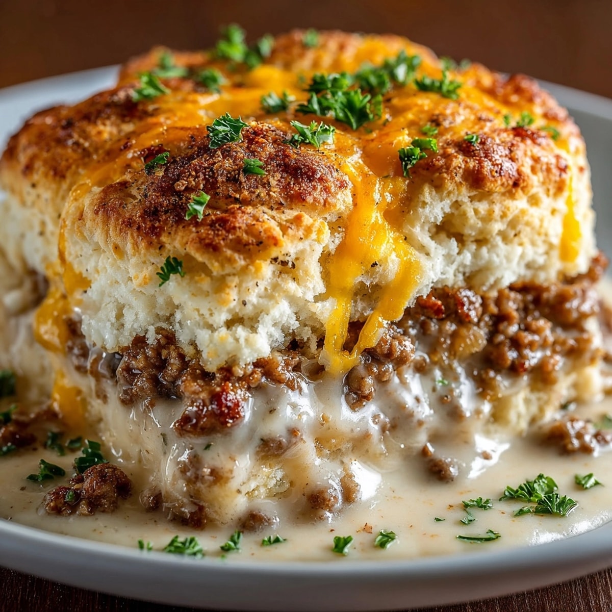 Golden Cheddar Bay Ground Beef Cobbler with melted cheese, ready to serve.
