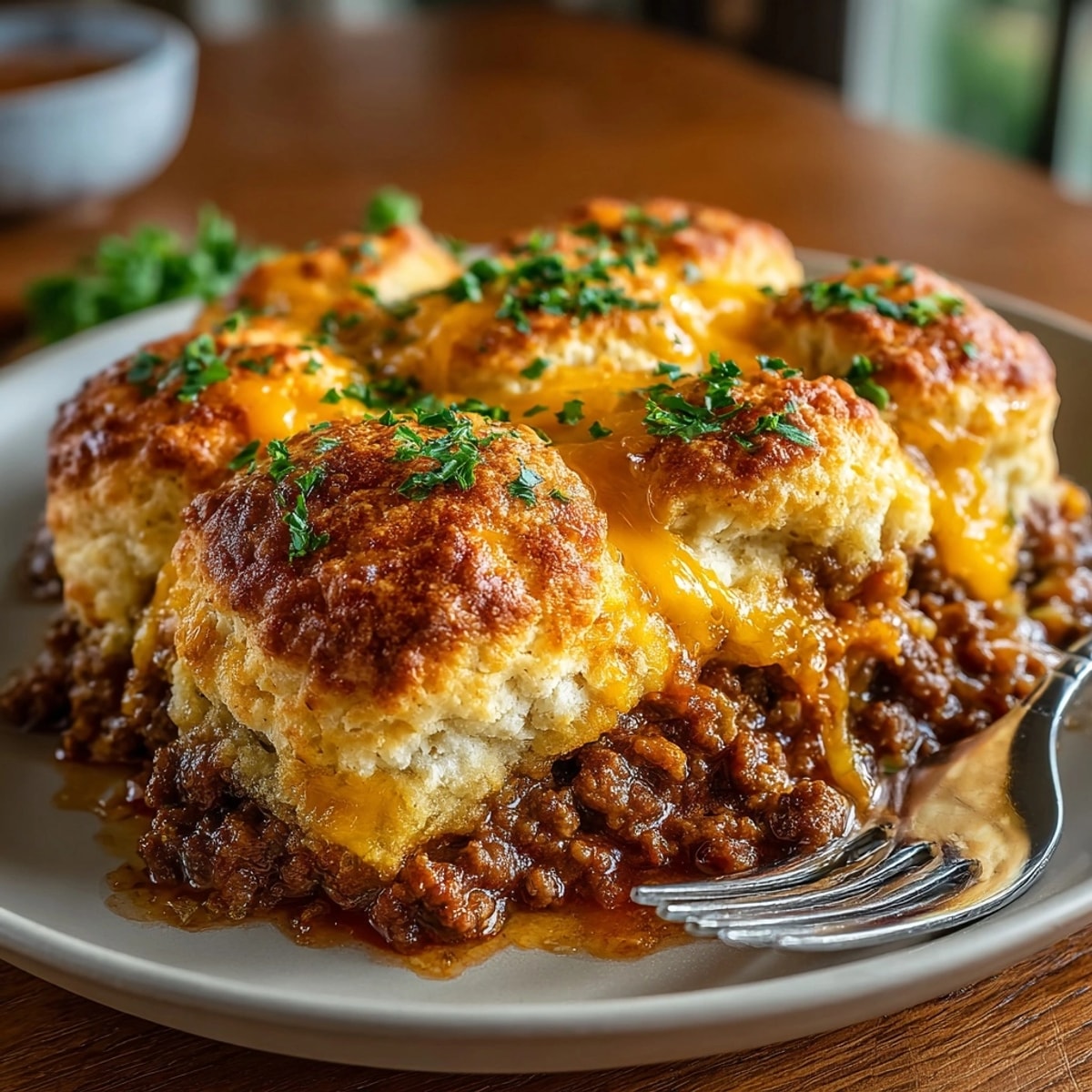 Close-up of bubbling, savory Cheddar Bay Ground Beef Cobbler hot from oven.