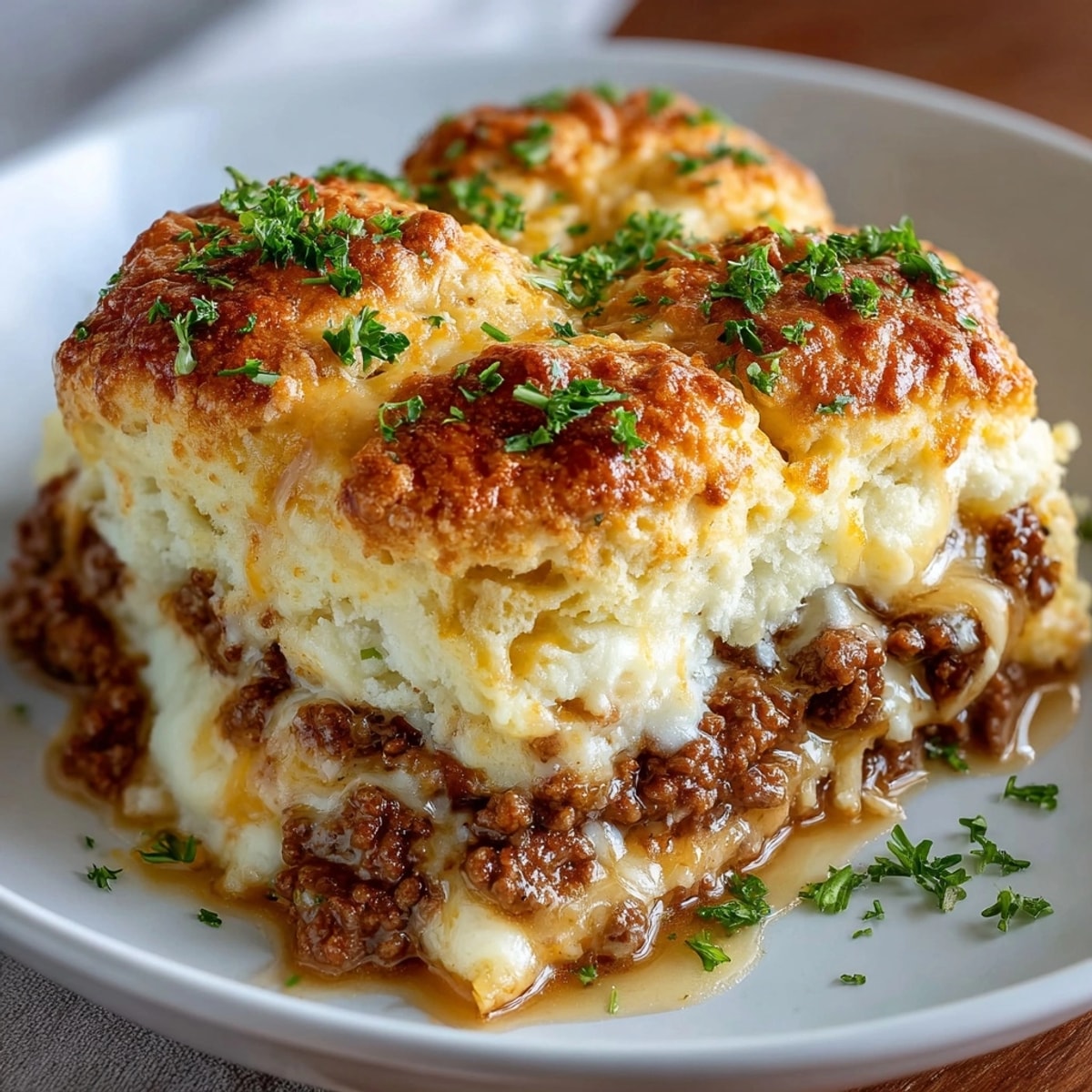 Creamy Cheddar Bay Ground Beef Cobbler: Fluffy biscuits over cheesy, beefy filling.