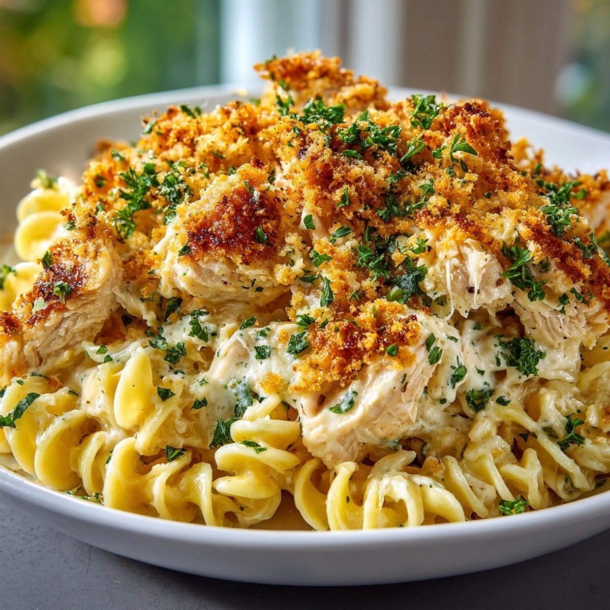 Golden, bubbly Garlic Parmesan Chicken Ramen Bake, fresh from the oven, ready to serve.