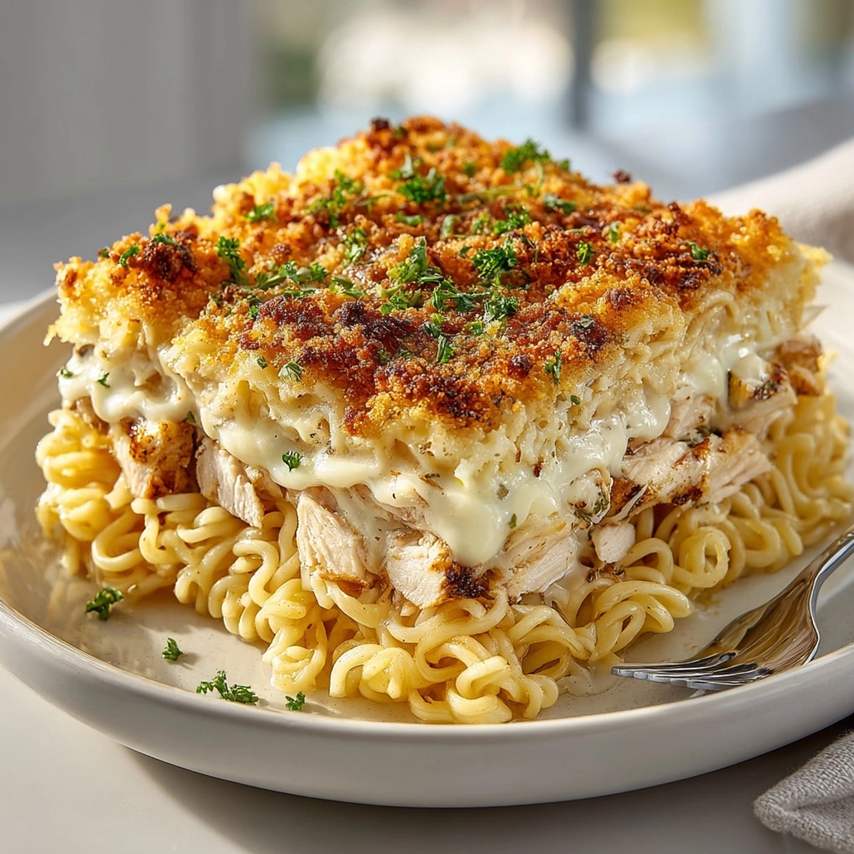 Close-up of a creamy Garlic Parmesan Chicken Ramen Bake with a crunchy panko topping.