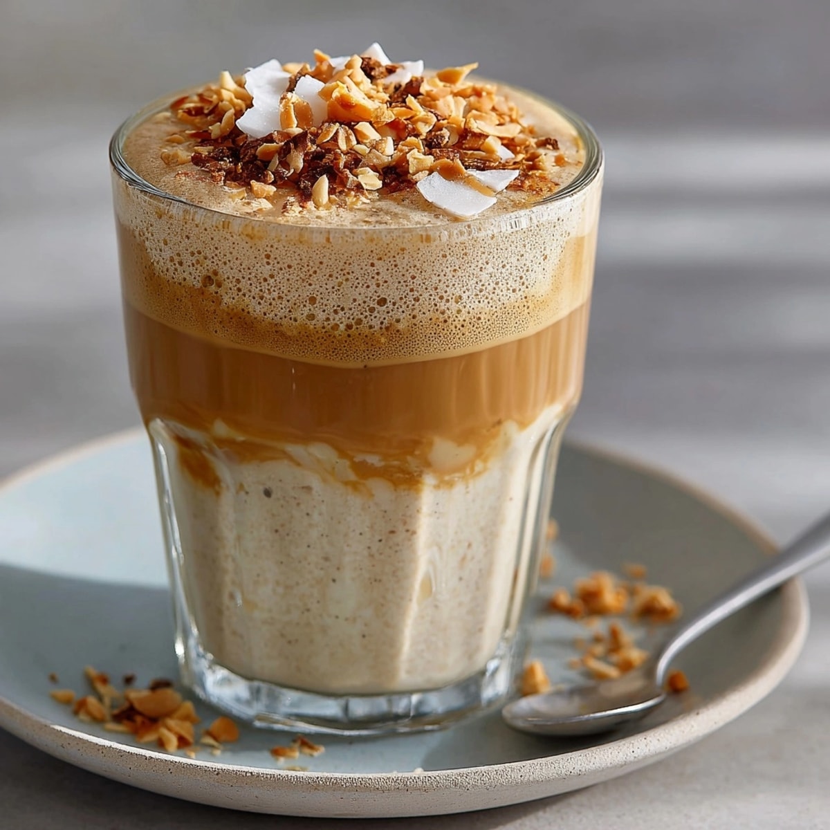 Close-up of icy Thai Coconut Peanut Butter Smoothie, topped with crunchy toasted coconut.