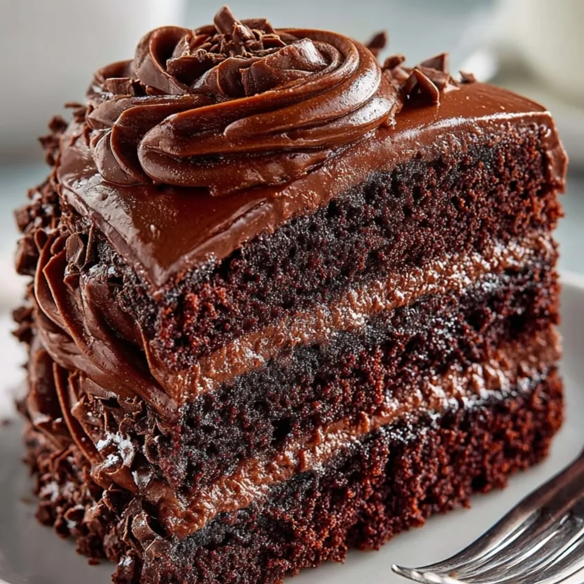 Decadent Matilda Chocolate Cake: three moist layers stacked high with creamy, dark chocolate fudge.