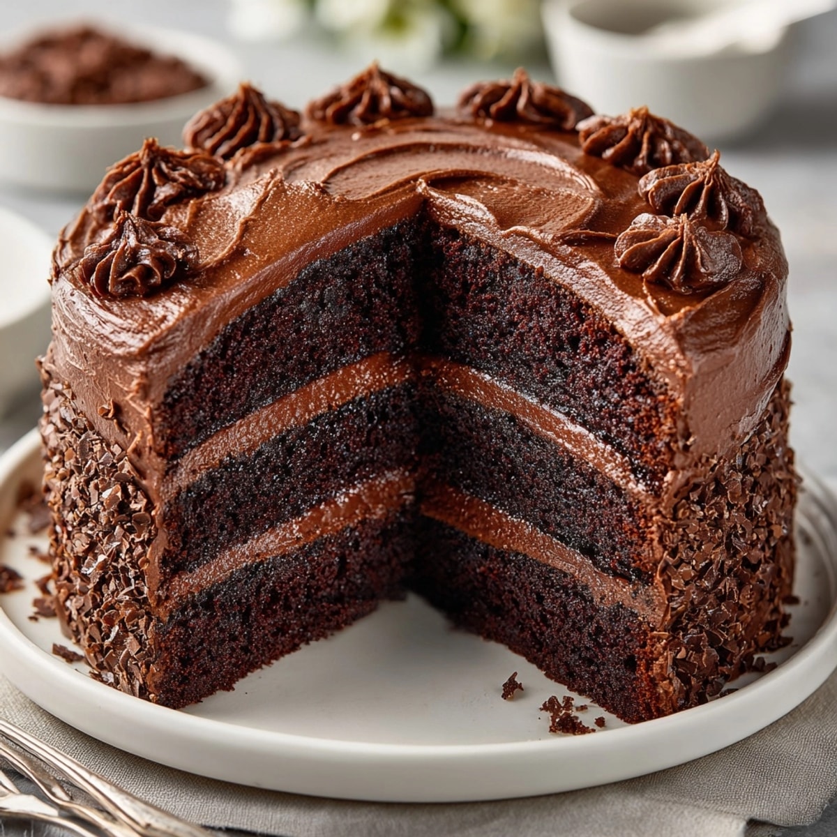 Close-up of a slice of fudgy Matilda Chocolate Cake with its delicious, glossy frosting.
