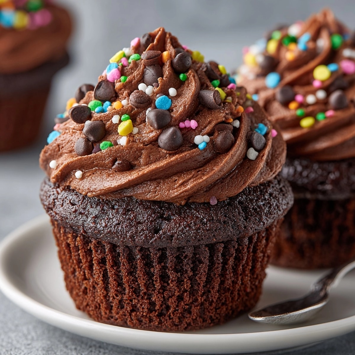 Top-down view of frosted Allergy-Friendly Chocolate Halloween Cupcakes decorated with orange sprinkles.
