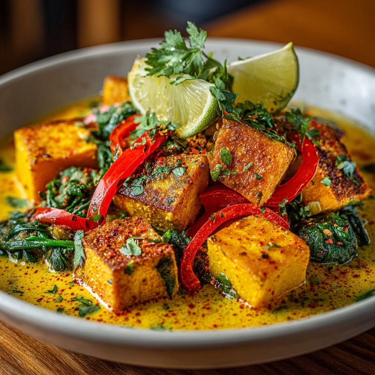 Creamy Vegan Pumpkin Curry simmering; aromatic spices fill the kitchen, served with cilantro.