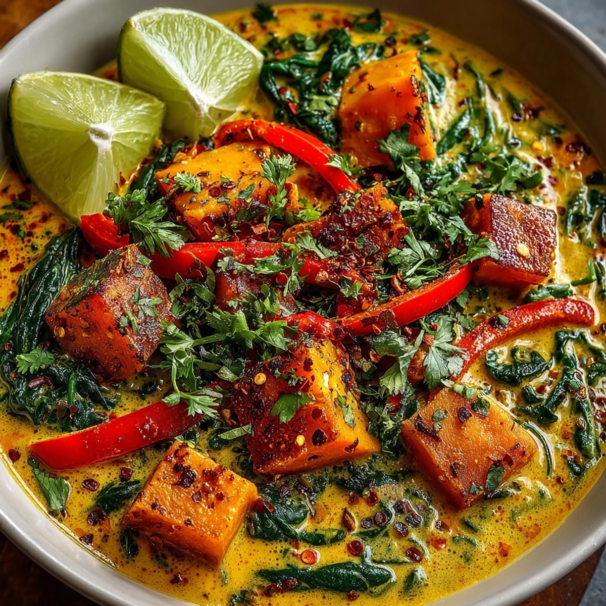 Golden Vegan Pumpkin Curry, a comforting fall meal served with rice and lime wedges.