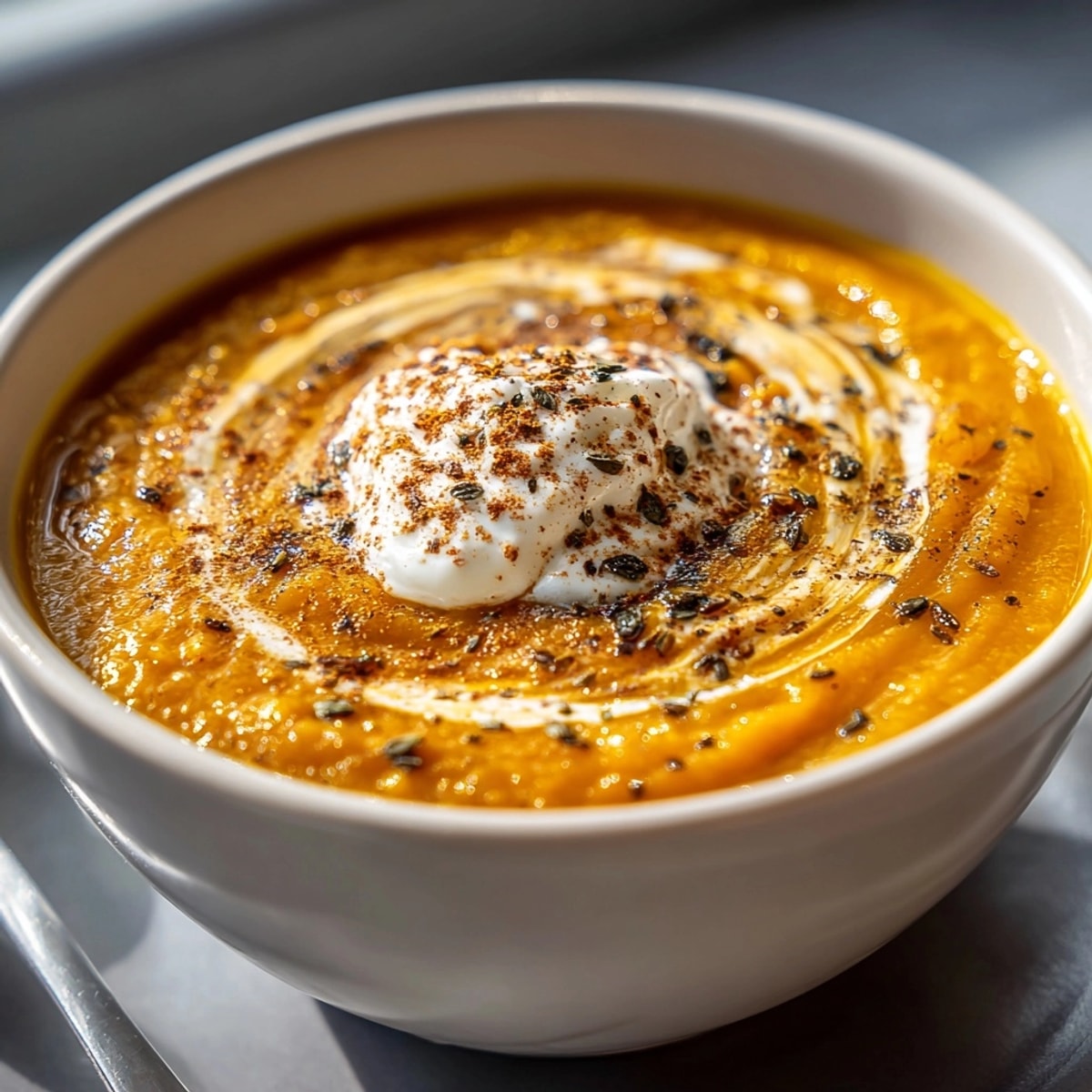 Golden Roasted Pumpkin and Apple Soup shimmering in a bowl, garnished with creamy swirls.