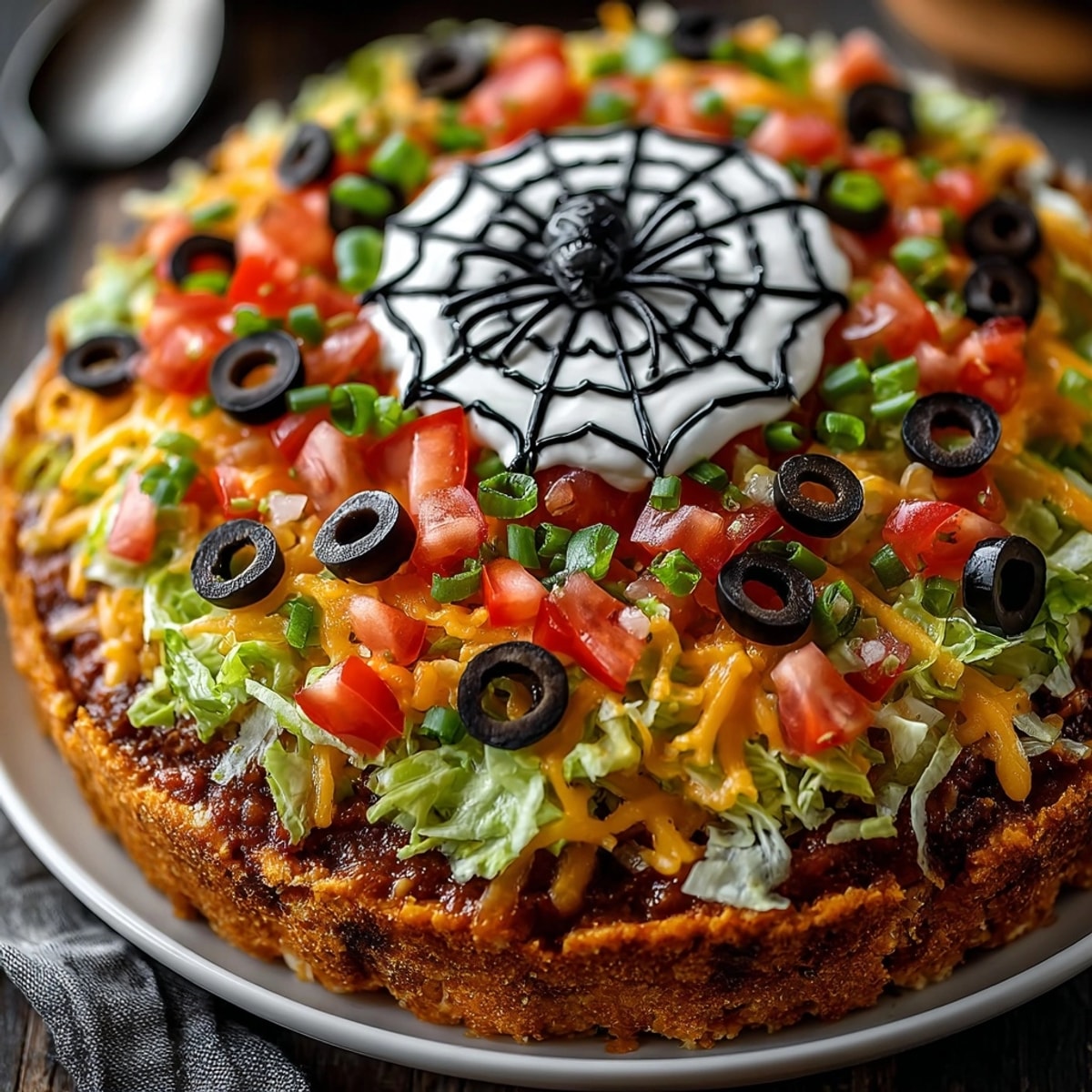 Layered Spiderweb Taco Dip with creamy sour cream design, served with crispy chips.