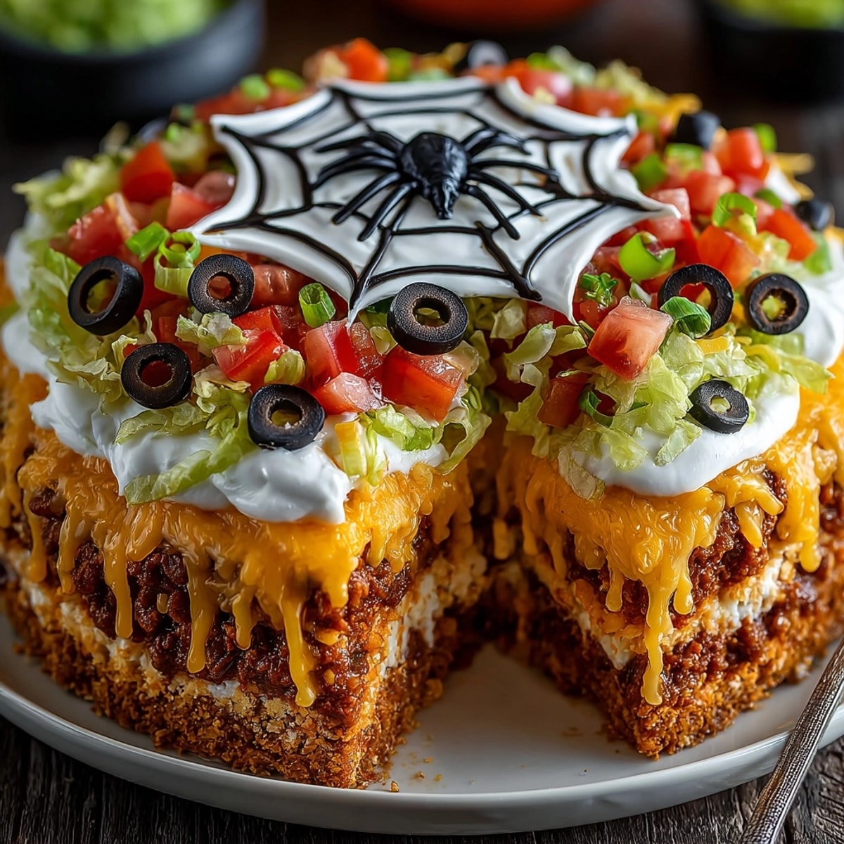 Festive Spiderweb Taco Dip ready to share, topped with black olive spider decoration.