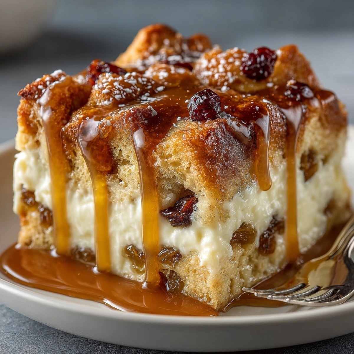 Warm slices of spiced Eggnog Bread Pudding, ready to serve for a festive dessert.