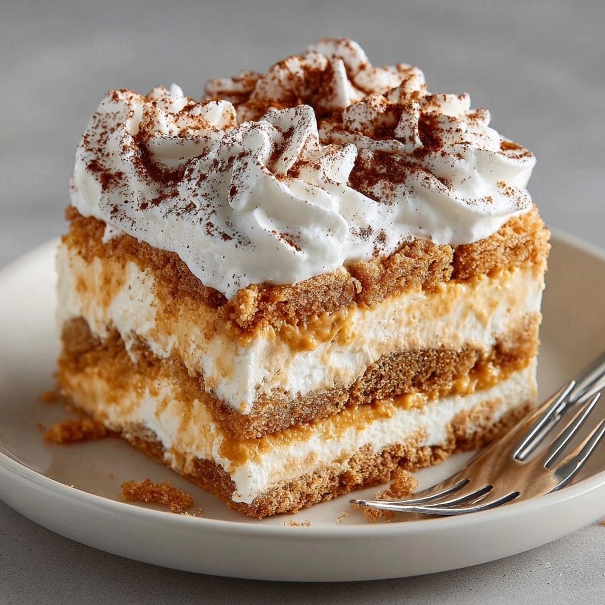 Creamy No-Bake Pumpkin Pie Icebox Cake layers, showing graham crackers and spiced filling.