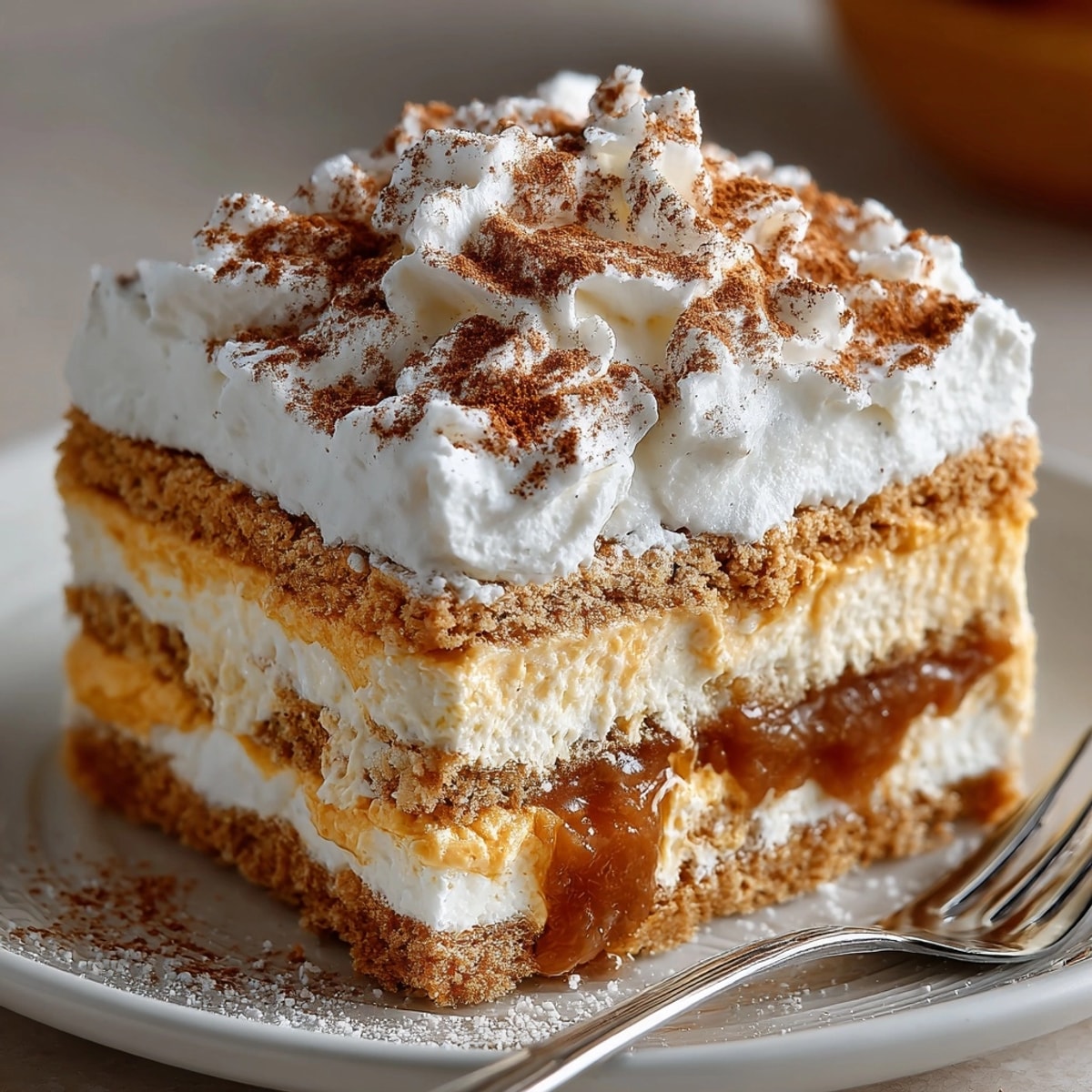 Sliced No-Bake Pumpkin Pie Icebox Cake with a dusting of spice, ready to eat.