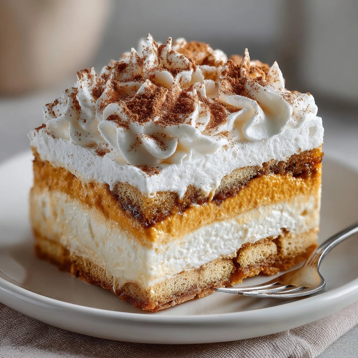 Easy graham cracker No-Bake Pumpkin Pie Icebox Cake sits chilled in a 9x13 dish.