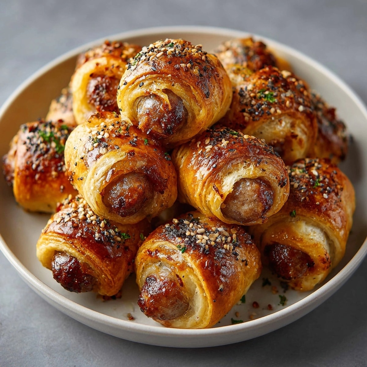 Golden brown Everything Bagel Pigs in a Blanket, a savory, flaky appetizer ready to serve.
