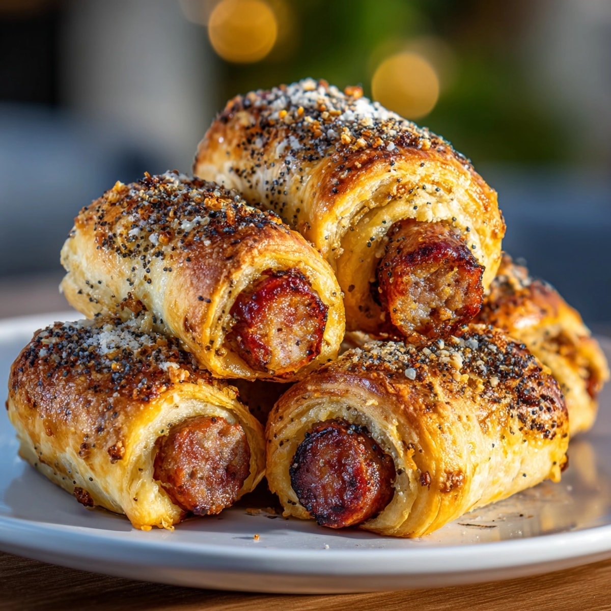 Close-up of crispy Everything Bagel Pigs in a Blanket, seasoned perfectly and oven-baked.