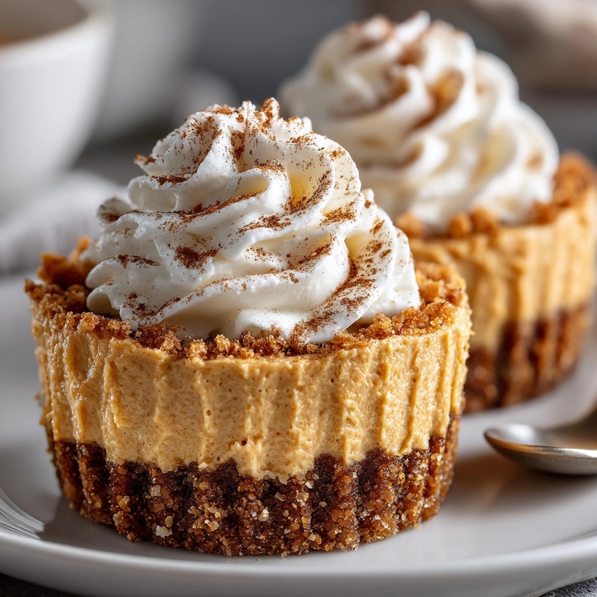 Creamy, chilled No-Bake Mini Cheese & Cracker Pumpkin Pies, garnished with whipped cream.