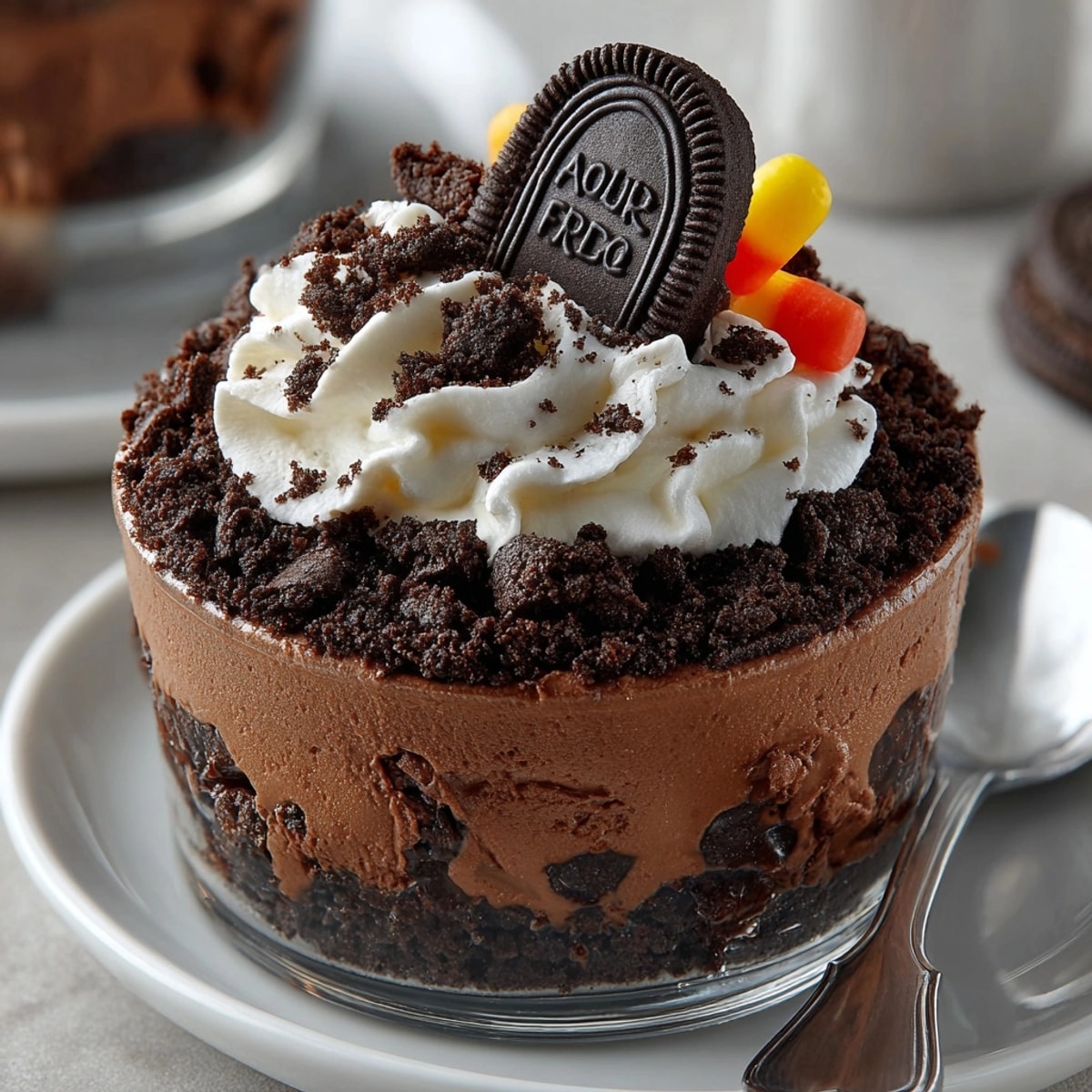 Spooky Halloween Graveyard Dirt Pudding Cups with crushed Oreos and squirmy gummy worms.