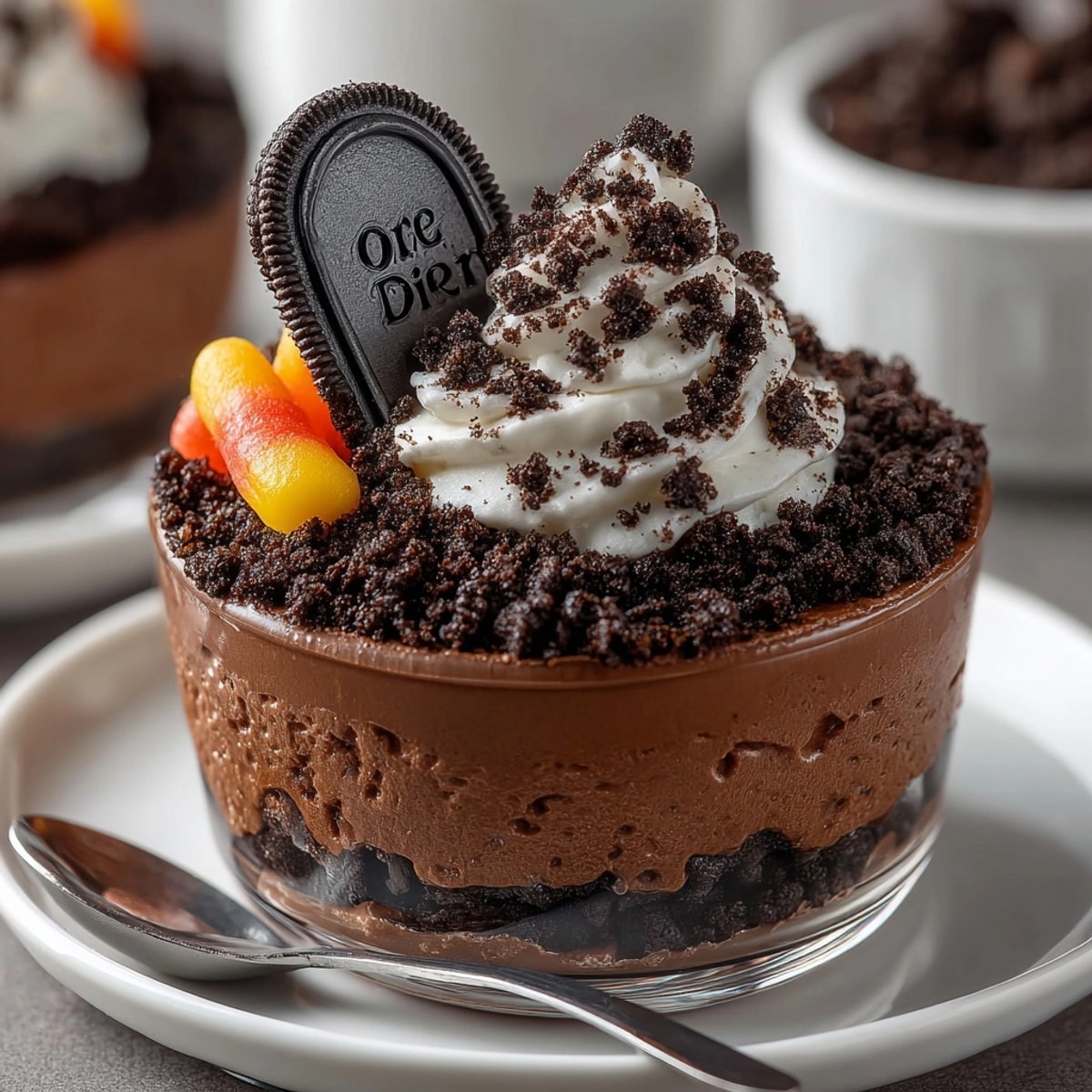 Festive no-bake Halloween Graveyard Dirt Pudding Cups, complete with tombstone cookies.