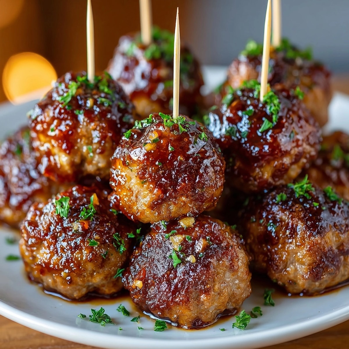 Close-up of sticky, flavorful Honey Garlic Cocktail Meatballs shimmering with fresh parsley garnish.